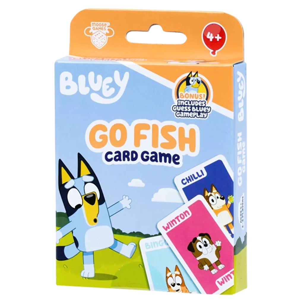 Bluey Go Fish card game features blue and orange cardboard packaging with Bluey artwork, colorful character cards, Moose Games logo, bonus gameplay badge, and age 4+ icon.