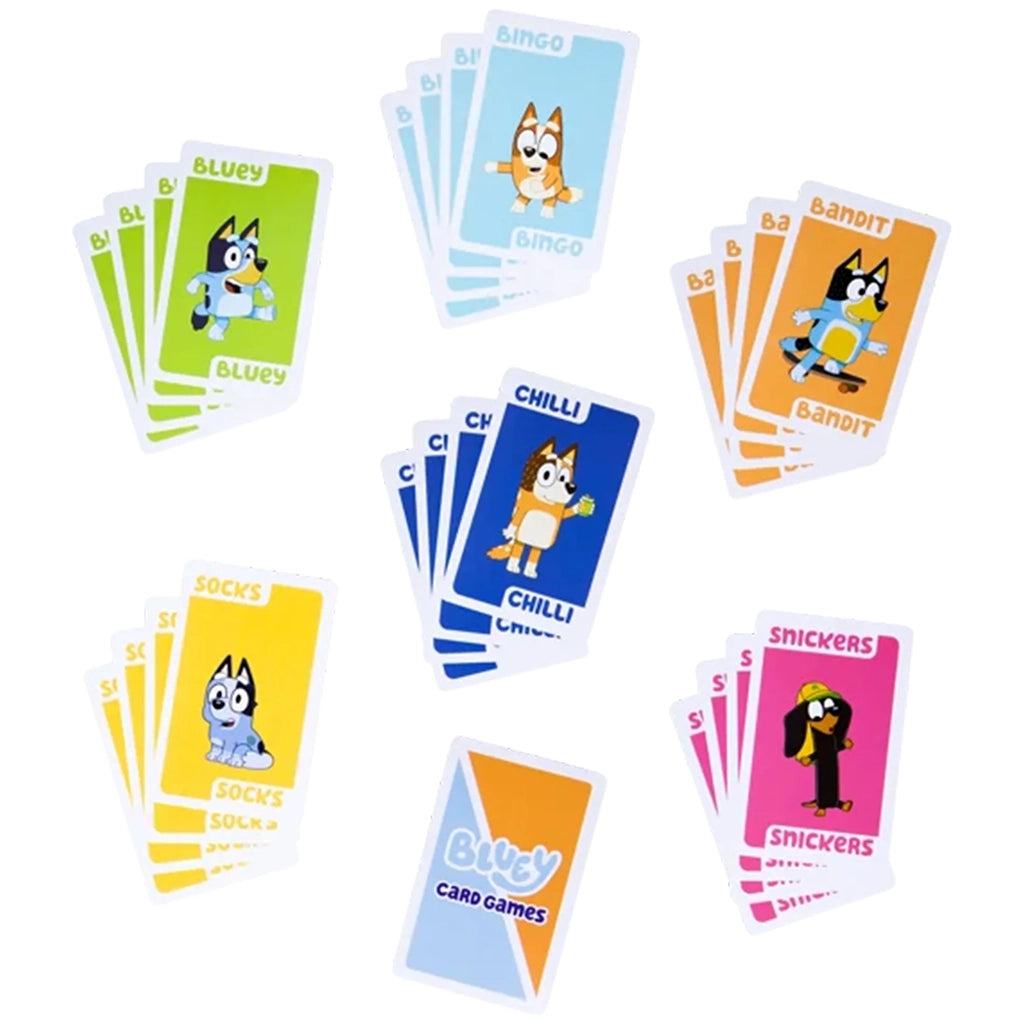 Bluey Go Fish cards feature colorful paper character sets for Bluey, Bingo, Bandit, Chilli, Socks, and Snickers, arranged around a card-back deck on a white background.