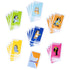 Bluey Go Fish cards feature colorful paper character sets for Bluey, Bingo, Bandit, Chilli, Socks, and Snickers, arranged around a card-back deck on a white background.