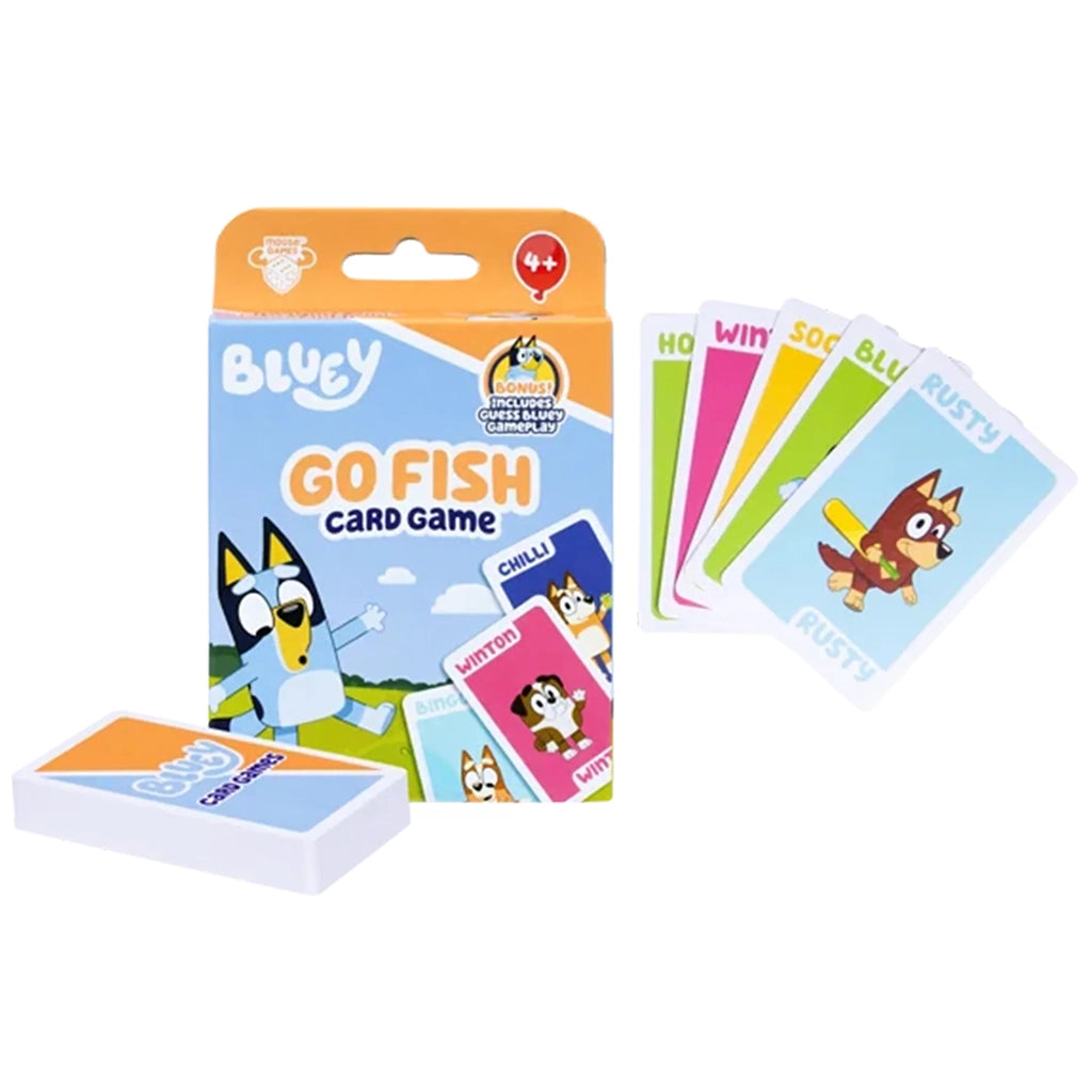 Bluey Go Fish card game set features blue and orange packaging beside a paper card deck and colorful character cards, including Rusty, displayed on a white background.