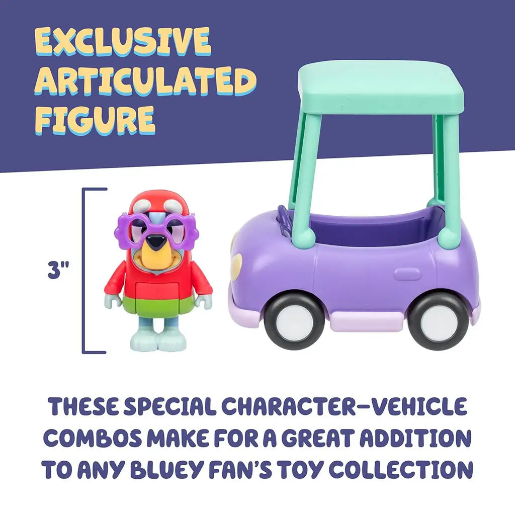 Bluey Granny Car character and vehicle combo featuring an articulated Janet figure beside a pastel purple car with mint canopy, highlighting chunky wheels and durable molded plastic design.