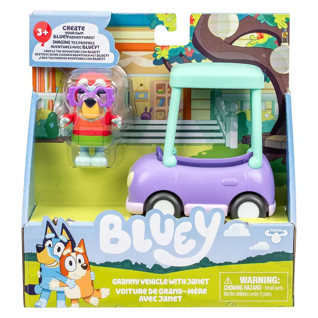 Front packaging of Bluey Granny Vehicle with Janet showing the purple car and figure through a clear window, featuring Bluey branding, illustrated background, and age guidance.