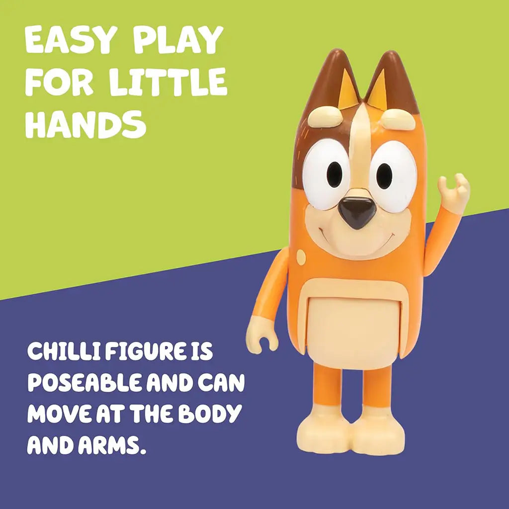 Poseable Chilli figure from Bluey stands against a two-tone background, showing smooth orange plastic, movable arms and torso, and friendly cartoon facial details designed for easy handling by small children.