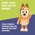 Poseable Chilli figure from Bluey stands against a two-tone background, showing smooth orange plastic, movable arms and torso, and friendly cartoon facial details designed for easy handling by small children.