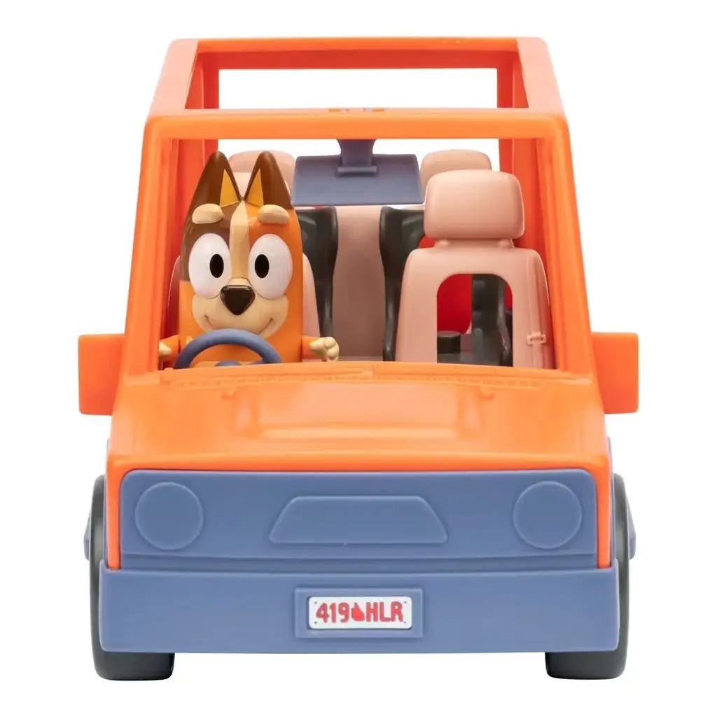 Front view of Bluey Heeler Family 4WD toy shows Chilli driving the orange car with blue bumper, molded interior seats, rounded wheels, and simple cartoon styling against a clean white backdrop.