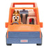 Front view of Bluey Heeler Family 4WD toy shows Chilli driving the orange car with blue bumper, molded interior seats, rounded wheels, and simple cartoon styling against a clean white backdrop.
