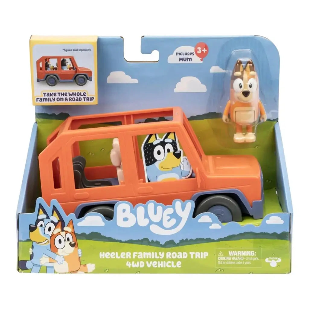 Bluey Heeler Family Road Trip 4WD Vehicle appears in open-front retail packaging, displaying the orange car and included Chilli figure against colorful Bluey artwork with clouds and grassy hills.