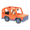 Bluey Heeler Family 4WD toy vehicle features a bright orange plastic frame with blue wheels and a poseable Chilli figure inside, showing smooth molded texture, open seating, and playful styling in a white studio.