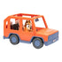 Bluey Heeler Family 4WD toy vehicle features a bright orange plastic frame with blue wheels and a poseable Chilli figure inside, showing smooth molded texture, open seating, and playful styling in a white studio.