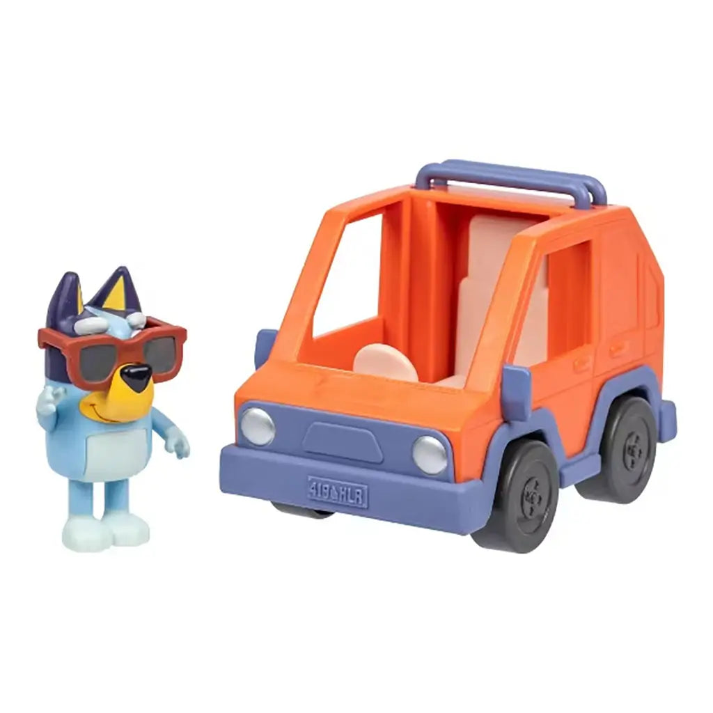 Bluey Mini 4WD toy set showing Bluey figure standing next to the orange and blue four-wheel-drive vehicle, displayed on a white background.
