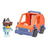 Bluey Mini 4WD toy set showing Bluey figure standing next to the orange and blue four-wheel-drive vehicle, displayed on a white background.