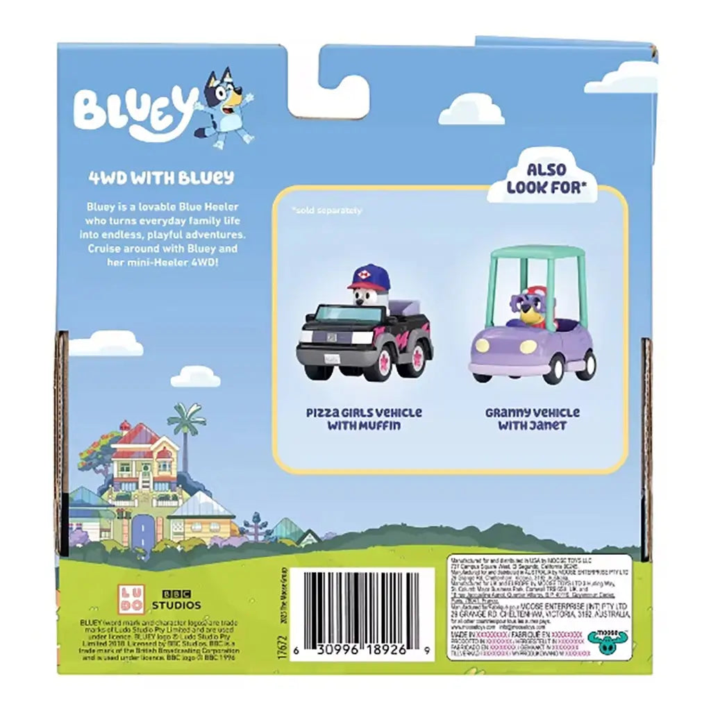 Back of Bluey Mini 4WD with Bluey packaging showing product details, illustrations of compatible vehicles, and Bluey branding.