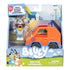 Front packaging of Bluey Mini 4WD with Bluey vehicle and figure visible through clear window, featuring Bluey logo, age guidance, and colorful neighborhood artwork.