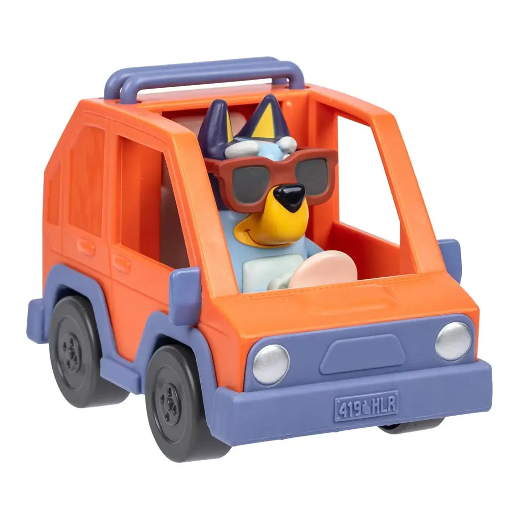 Bluey Mini 4WD toy vehicle in bright orange and blue with Bluey figure seated inside, wearing sunglasses, shown from a front three-quarter angle on a white background.