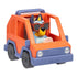 Bluey Mini 4WD toy vehicle in bright orange and blue with Bluey figure seated inside, wearing sunglasses, shown from a front three-quarter angle on a white background.