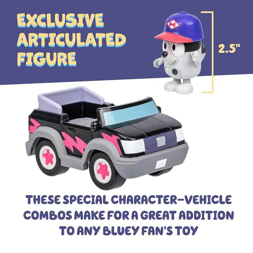 Bluey Muffin articulated figure highlighted beside her black and gray toy vehicle, smooth plastic character with blue mechanic hat, rounded cartoon shape, sized for small hands and pretend play on white.