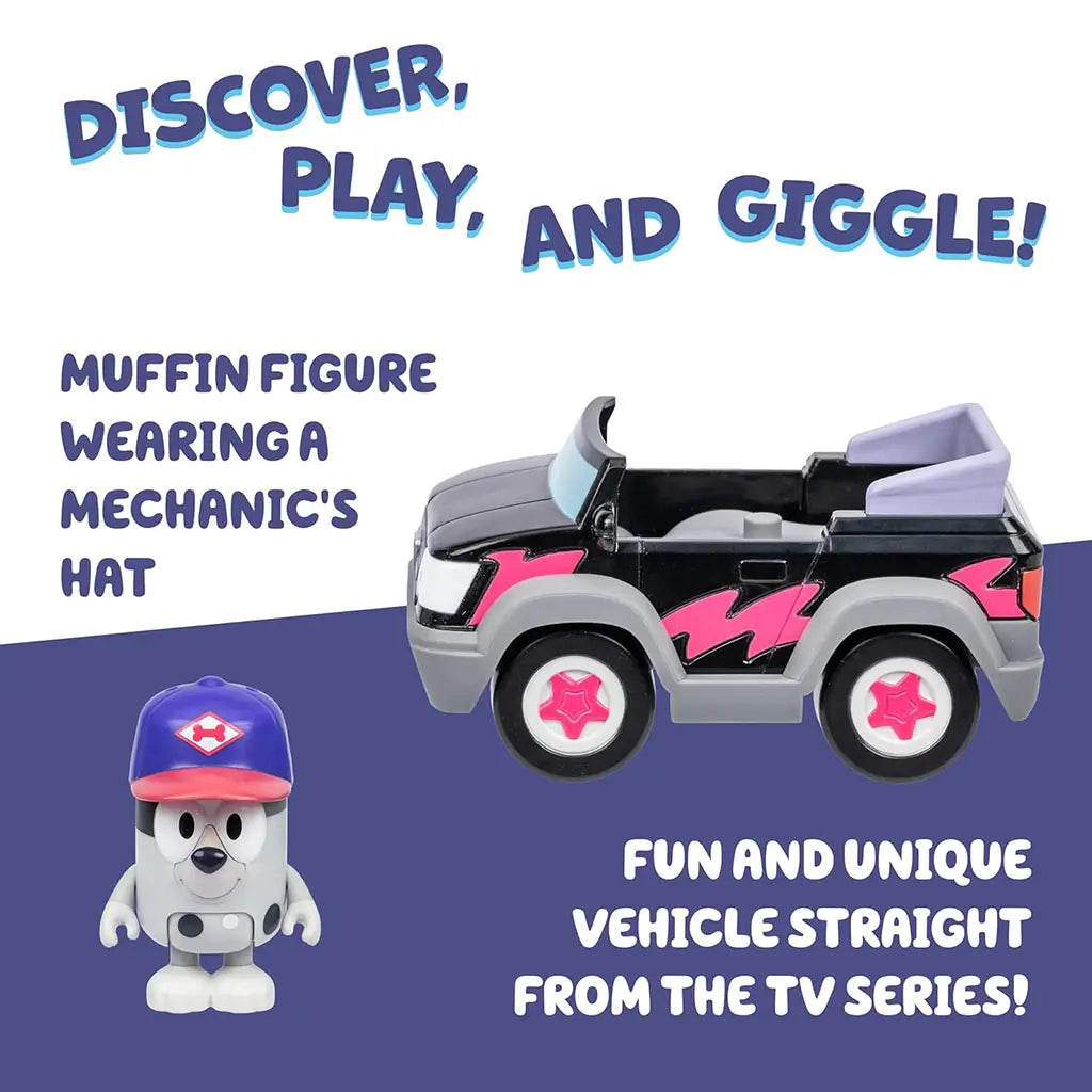 Bluey Muffin vehicle from the TV series displayed with black and gray plastic body, pink lightning bolt sides, star-pattern wheels and open seating, representing a fun character car for imaginative play.
