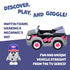 Bluey Muffin vehicle from the TV series displayed with black and gray plastic body, pink lightning bolt sides, star-pattern wheels and open seating, representing a fun character car for imaginative play.