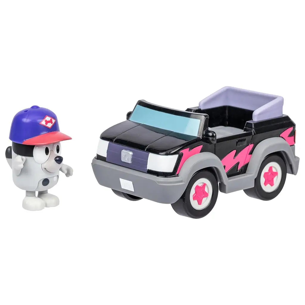 Bluey Muffin vehicle toy set showing black and gray plastic convertible with pink lightning graphics, star wheels, and small Muffin figure, designed for preschool play and imaginative driving scenes on white background.