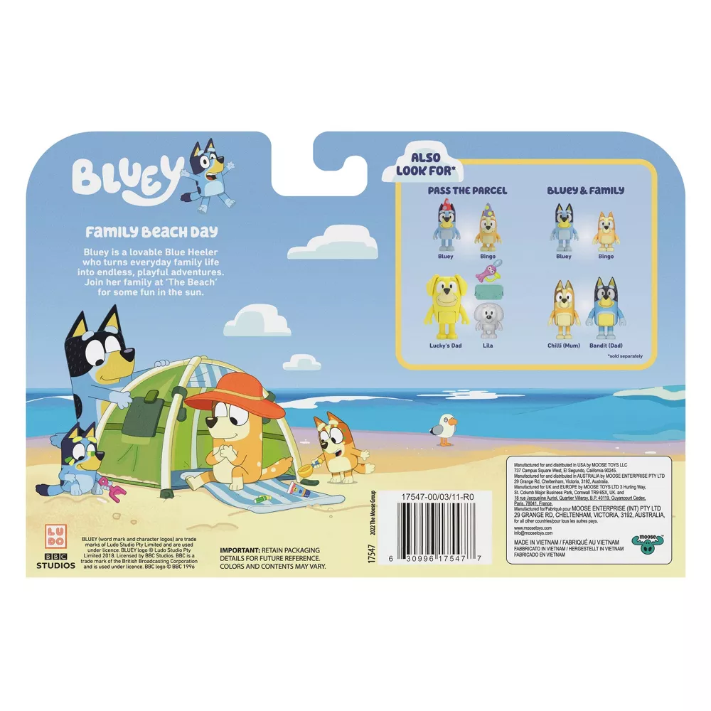 Rear photo packaging of Bluey Series 9 Family Beach Day Figure 4-Pack
