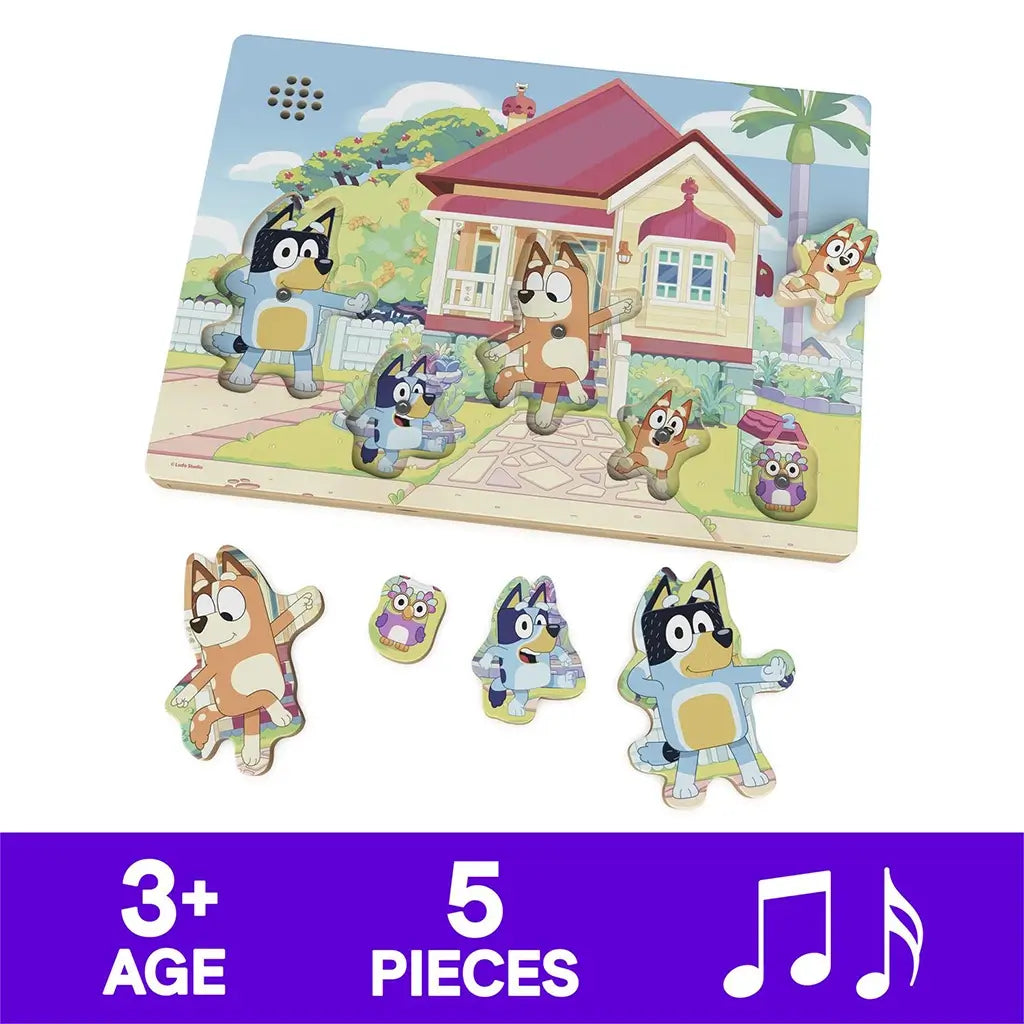 Bluey wooden sound puzzle set in colorful painted wood with five character pieces removed, showing shaped figures and board with speaker holes, designed for interactive play on a clean white background.