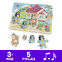 Bluey wooden sound puzzle set in colorful painted wood with five character pieces removed, showing shaped figures and board with speaker holes, designed for interactive play on a clean white background.