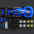 Blue Cadillac Project GTP hypercar brick model with plastic racing body, decals and rear wing, displayed from above beside spare tires, wheels and build parts.