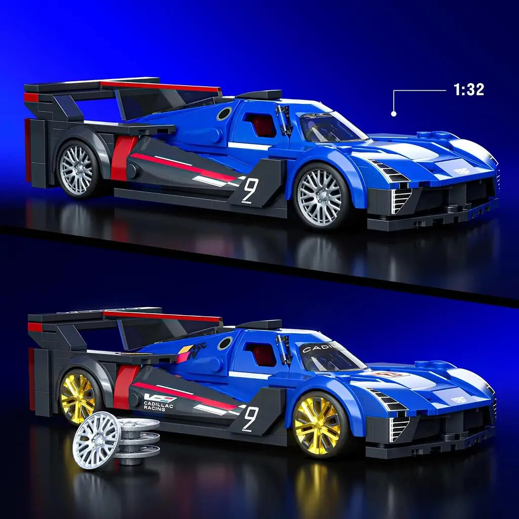 Blue Cadillac Project GTP hypercar brick model with plastic racing body, white accents and rear wing, shown at 1:32 scale with silver and gold wheel options.
