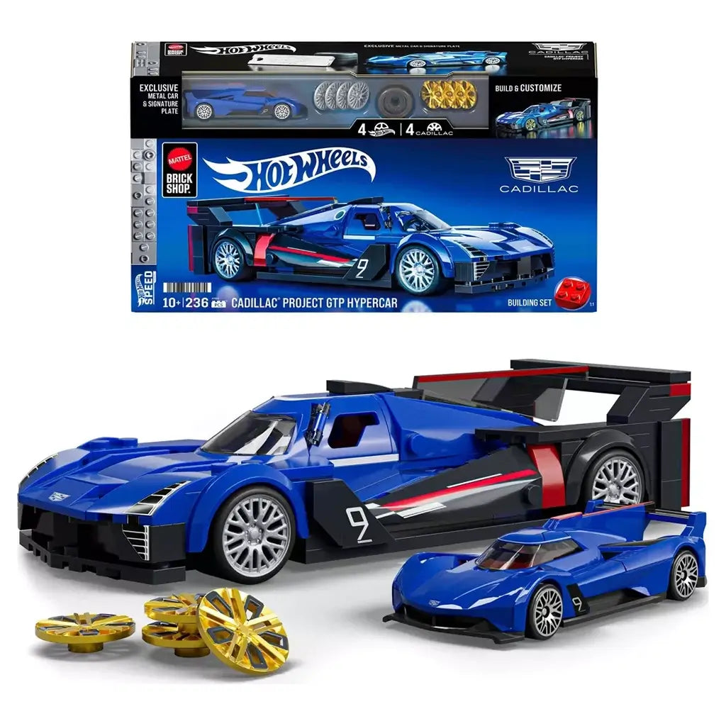 Hot Wheels Cadillac Project GTP Hypercar in blue brick construction features silver wheels, black and red racing details, a mini car, gold rims, and retail box.