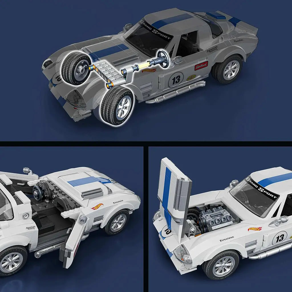 Hot Wheels Corvette Grand Sport model built from white plastic bricks with blue stripes, opening doors, visible engine details, functional steering, and realistic proportions highlighted against a dark studio setting.