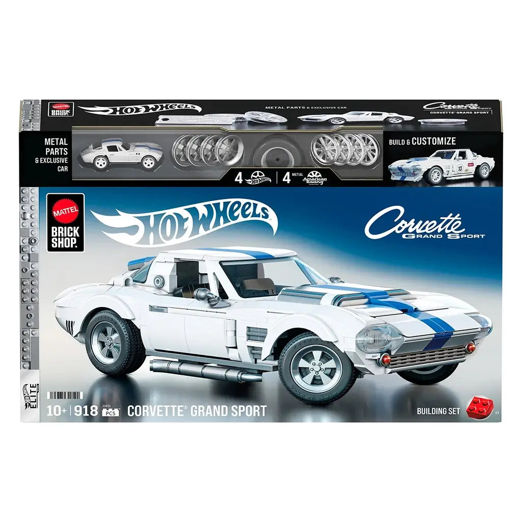 Hot Wheels Brick Shop Corvette Grand Sport building set package front showing white plastic brick car with blue racing stripes, included metal parts, age range, and branding on a retail box design.