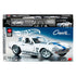 Hot Wheels Brick Shop Corvette Grand Sport building set package front showing white plastic brick car with blue racing stripes, included metal parts, age range, and branding on a retail box design.
