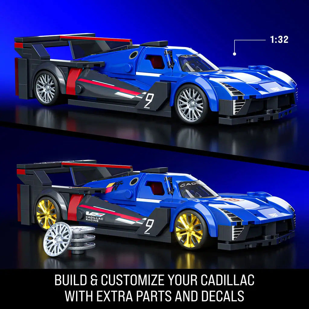 Hot Wheels Cadillac Project GTP hypercar building set in blue with black and red accents, smooth brick construction, aerodynamic race-car shape, swappable wheels and decals, presented on a dark blue promotional backdrop.