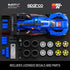 Hot Wheels Cadillac Project GTP hypercar parts layout showing blue plastic body panels, black tires, silver and gold wheels, licensed racing decals, and modular components arranged flat on a dark studio background.