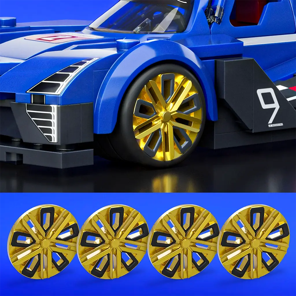 Hot Wheels Cadillac Project GTP hypercar close-up highlighting blue plastic fender, smooth brick texture, metallic gold racing wheel, low aerodynamic profile, and glossy studio surface beneath the model.