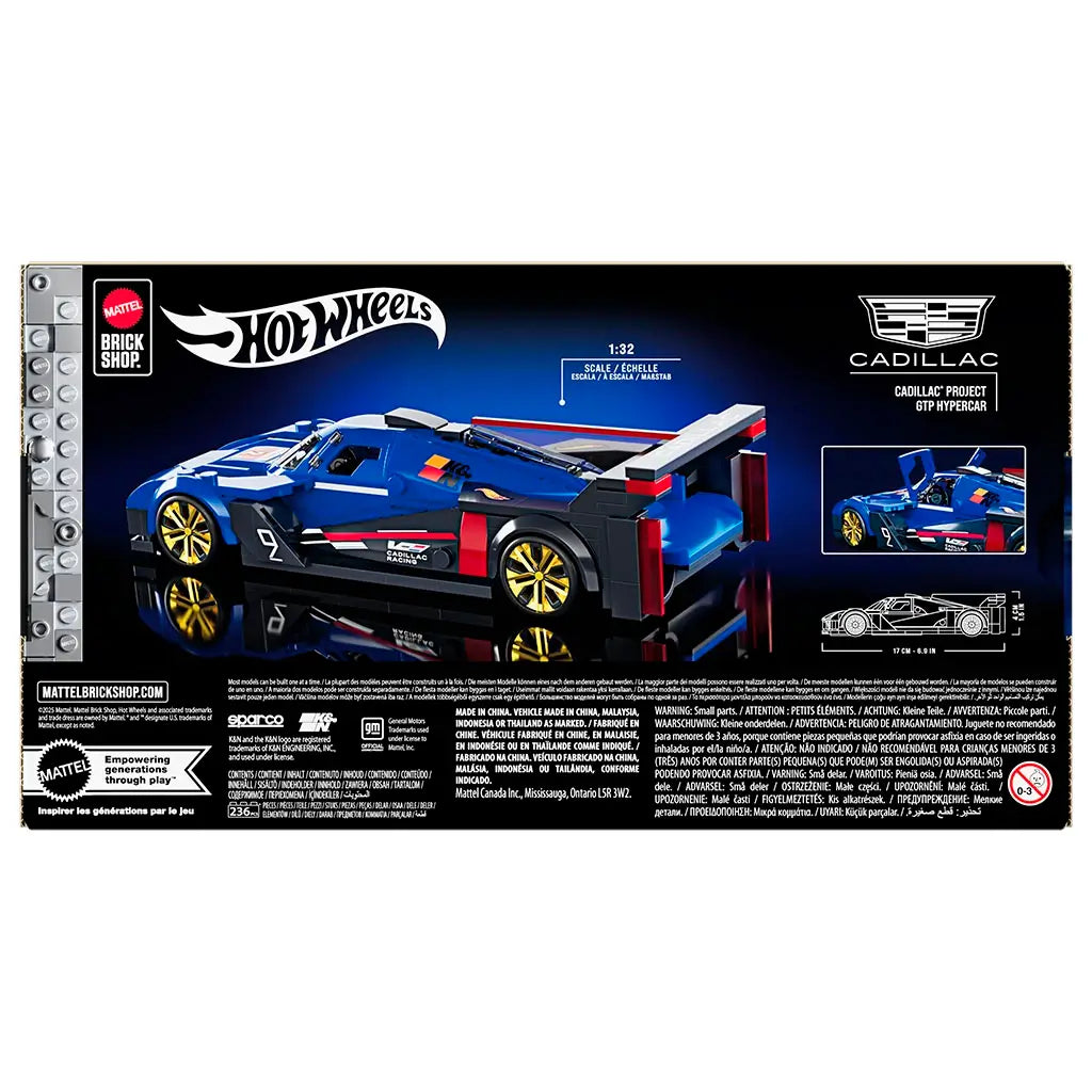 Hot Wheels Brick Shop Cadillac Project GTP hypercar package back showing blue race-car build, feature callouts, parts icons, multilingual text blocks, and branding arranged across a dark retail box background.
