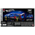 Hot Wheels Brick Shop Cadillac Project GTP hypercar package back showing blue race-car build, feature callouts, parts icons, multilingual text blocks, and branding arranged across a dark retail box background.