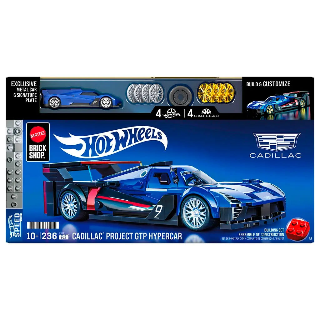 Hot Wheels Brick Shop Cadillac Project GTP hypercar package front displaying blue brick-built race car, smooth aerodynamic form, gold and silver wheel options, age and piece count, and bold retail branding.