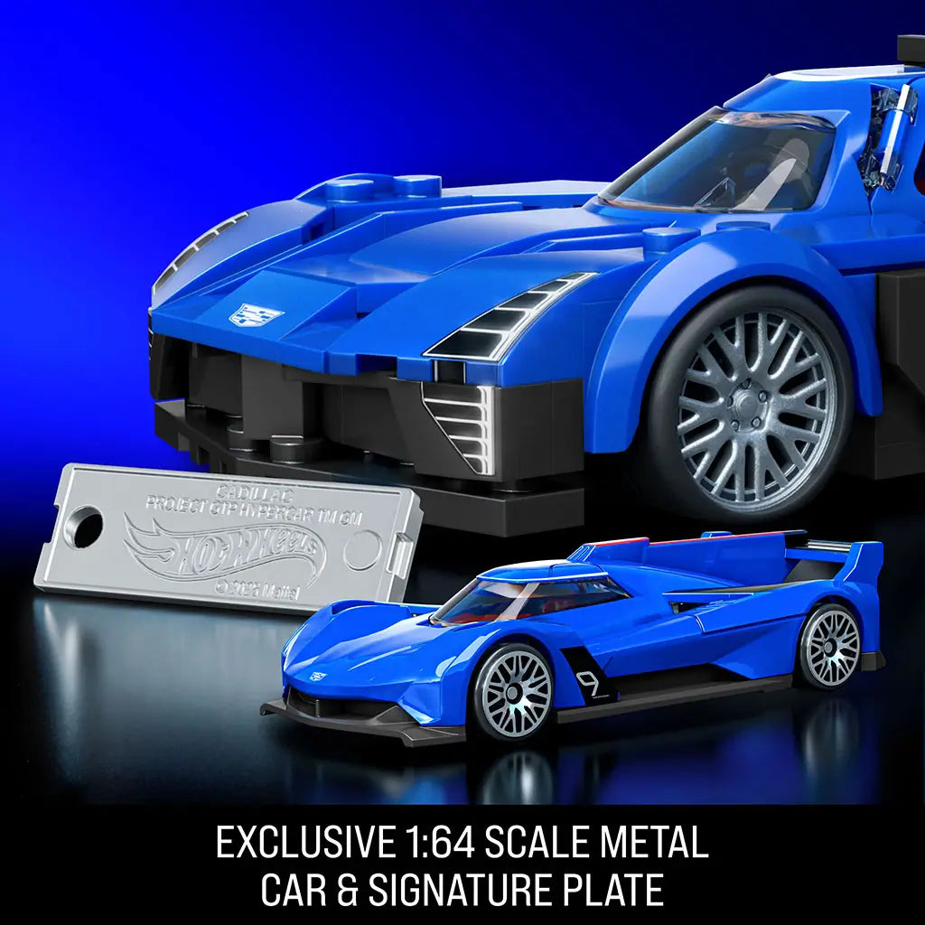 Hot Wheels Cadillac Project GTP hypercar set featuring blue brick-built model alongside small metal display car and signature plate, sleek racing form, glossy textures, and dramatic blue studio background.