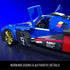 Hot Wheels Cadillac Project GTP hypercar detail view showing blue plastic body, hinged working door, detailed cockpit, racing decals, gold wheel, and authentic motorsport styling on a clean studio backdrop.