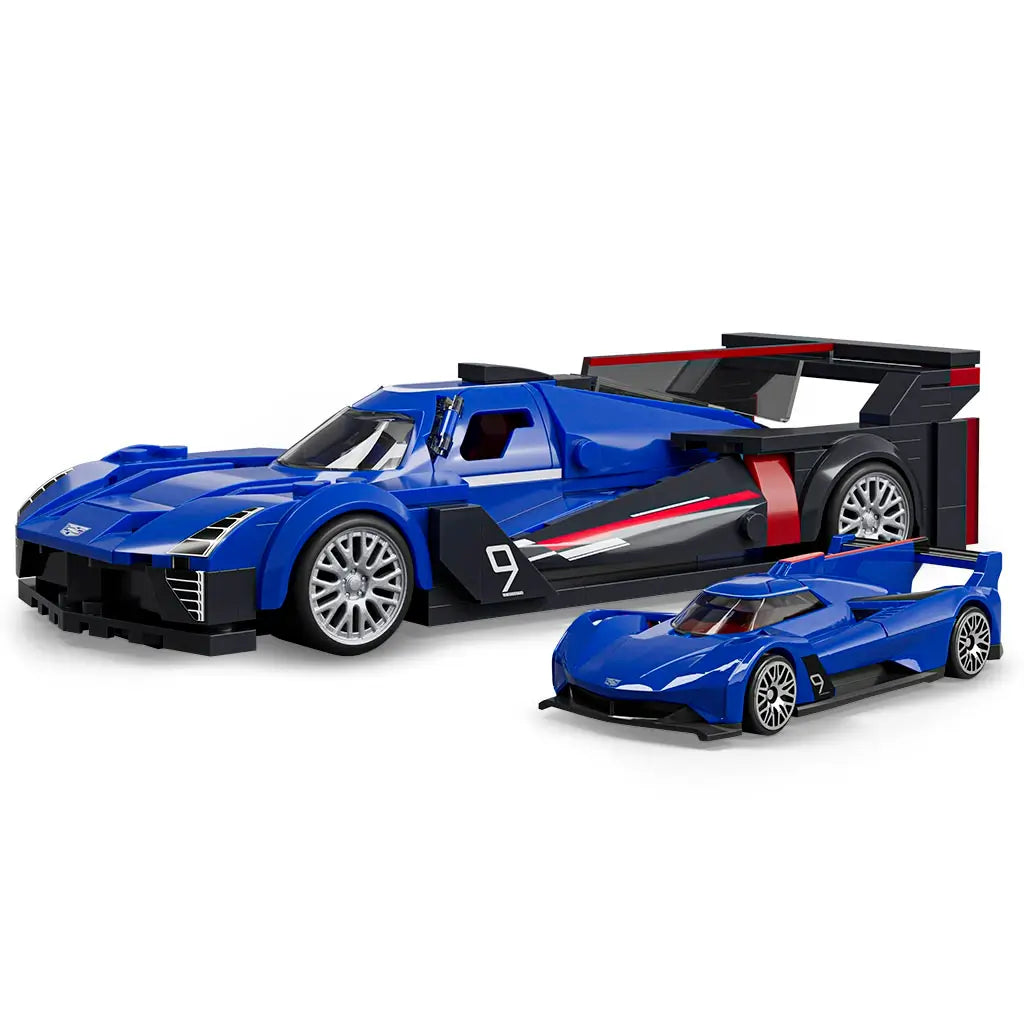 Hot Wheels Cadillac Project GTP hypercar building toy shown in blue plastic bricks with smooth glossy texture, low wide race-car form, large rear wing, number 9 graphics, and display-ready studio background.