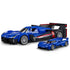 Hot Wheels Cadillac Project GTP hypercar building toy shown in blue plastic bricks with smooth glossy texture, low wide race-car form, large rear wing, number 9 graphics, and display-ready studio background.