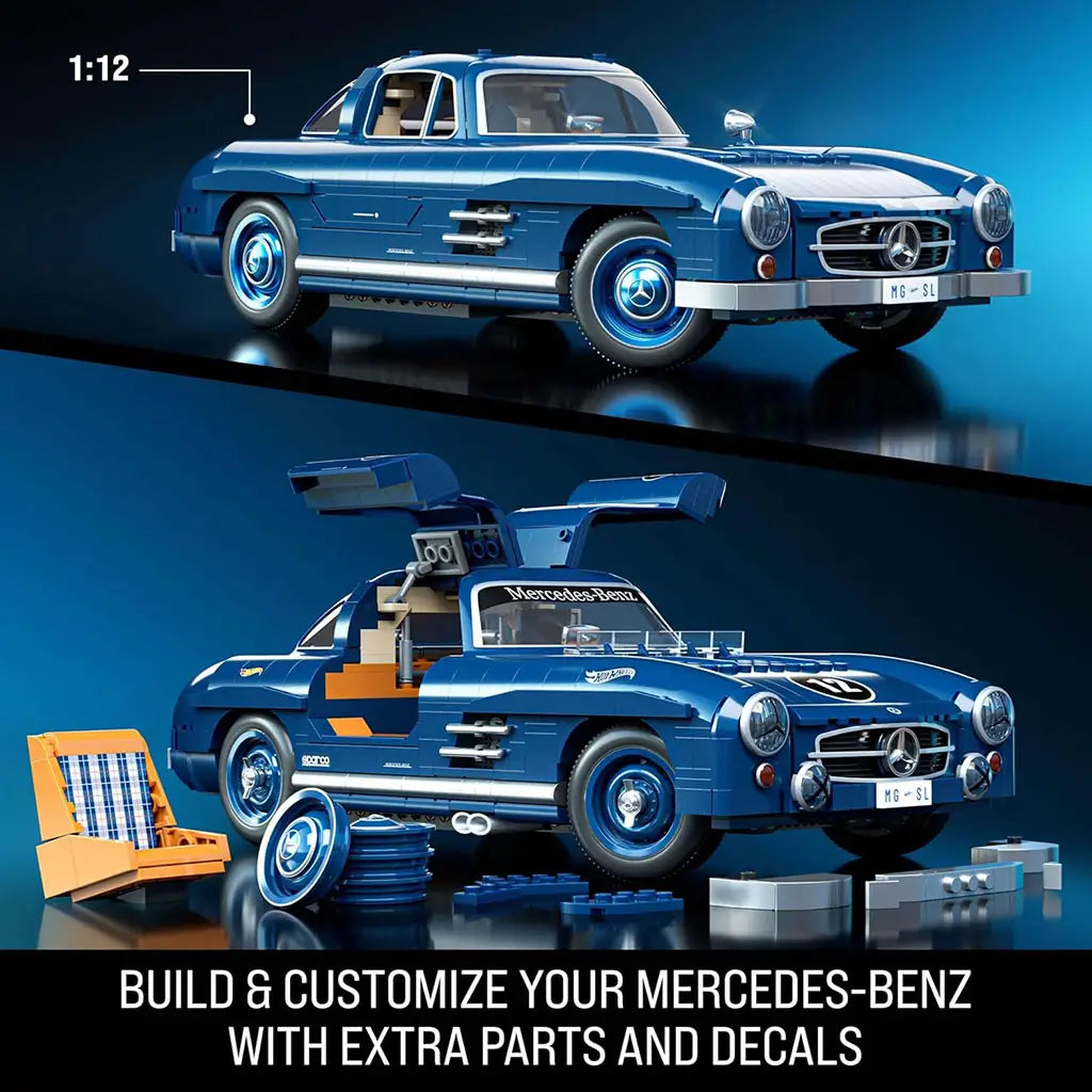 Hot Wheels Mercedes-Benz 300 SL brick model shown in deep blue glossy plastic with gullwing doors open, customizable parts and decals displayed nearby, emphasizing build and customization options in a dramatic studio setting.