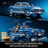 Hot Wheels Mercedes-Benz 300 SL brick model shown in deep blue glossy plastic with gullwing doors open, customizable parts and decals displayed nearby, emphasizing build and customization options in a dramatic studio setting.
