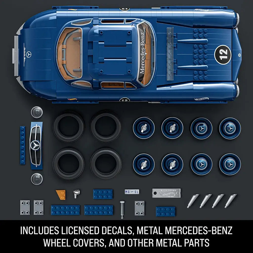 Top-down view of the Hot Wheels Mercedes-Benz 300 SL building kit with blue bricks, metal wheel covers, tires, decals, and accessories neatly arranged to display included licensed parts and authentic components.