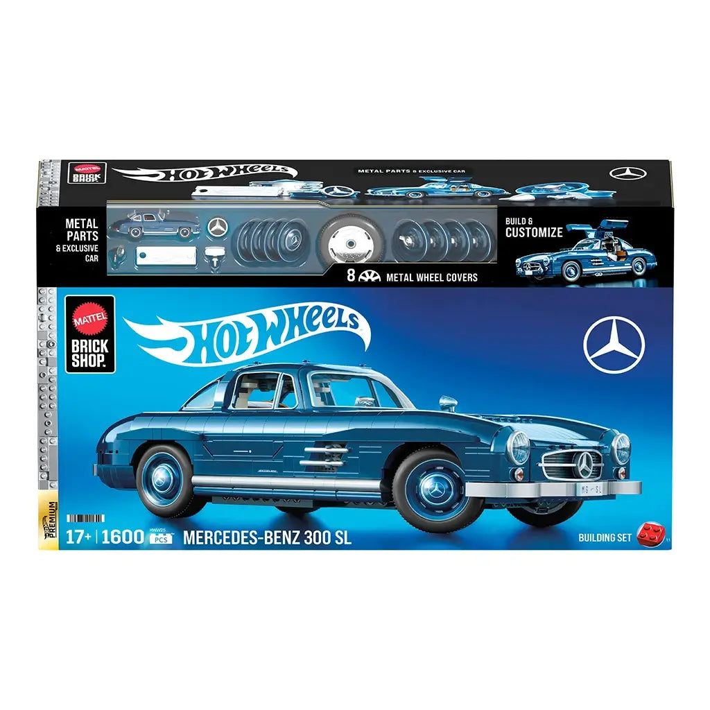 Front of the Hot Wheels Brick Shop Mercedes-Benz 300 SL building set box, featuring blue vehicle artwork, Mercedes-Benz branding, piece count, and premium packaging design on a white background.