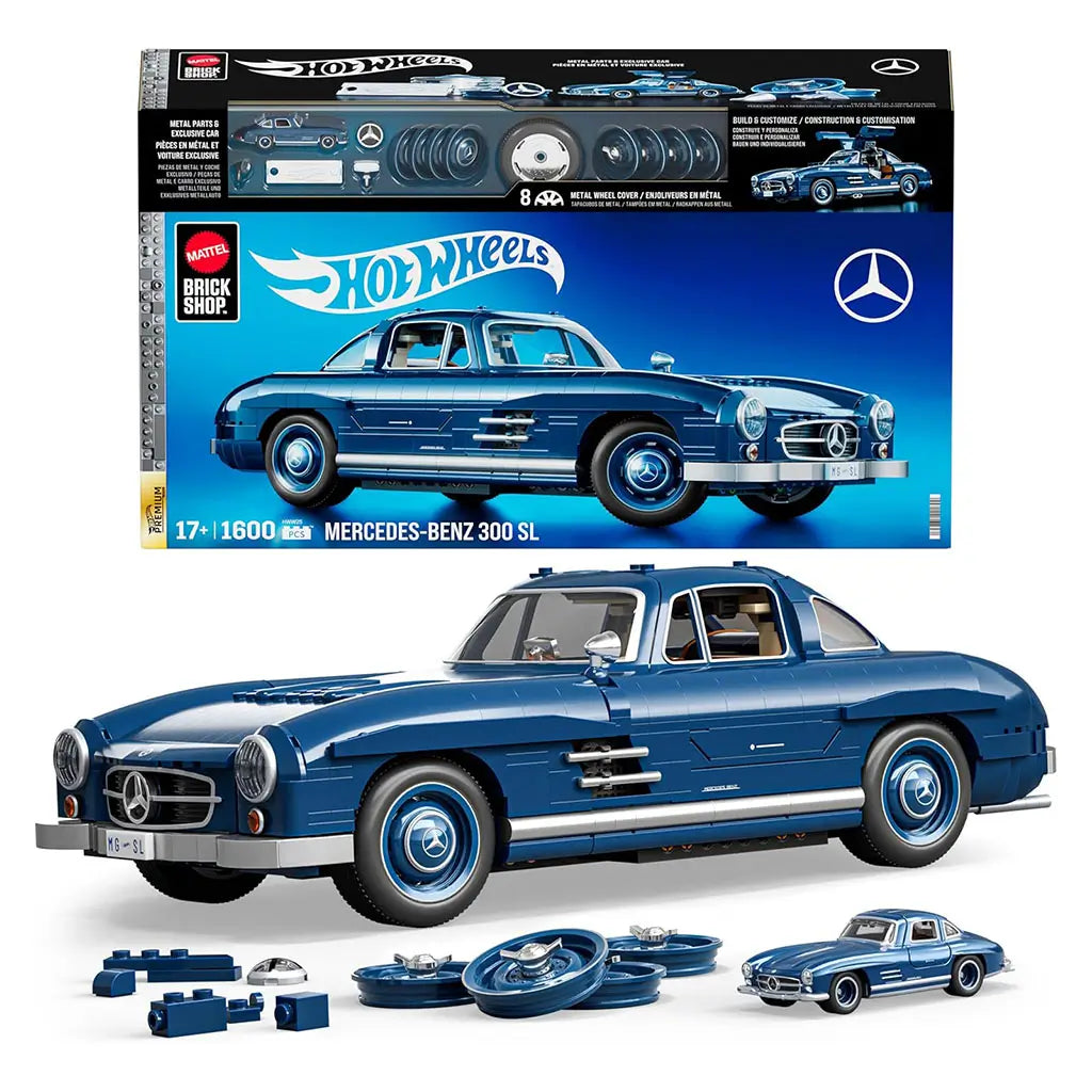 Hot Wheels Mercedes-Benz 300 SL building toy kit in metallic blue brick construction with smooth molded panels, classic coupe body shape, silver trim, and realistic wheels, presented as a premium display model with parts arranged on a clean white background.