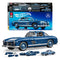Hot Wheels Mercedes-Benz 300 SL building toy kit in metallic blue brick construction with smooth molded panels, classic coupe body shape, silver trim, and realistic wheels, presented as a premium display model with parts arranged on a clean white background.