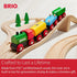 Close-up of BRIO 65th Anniversary wooden train with red, green, blue, and yellow wagons on wooden track, highlighting FSC-certified beech wood and durable design.