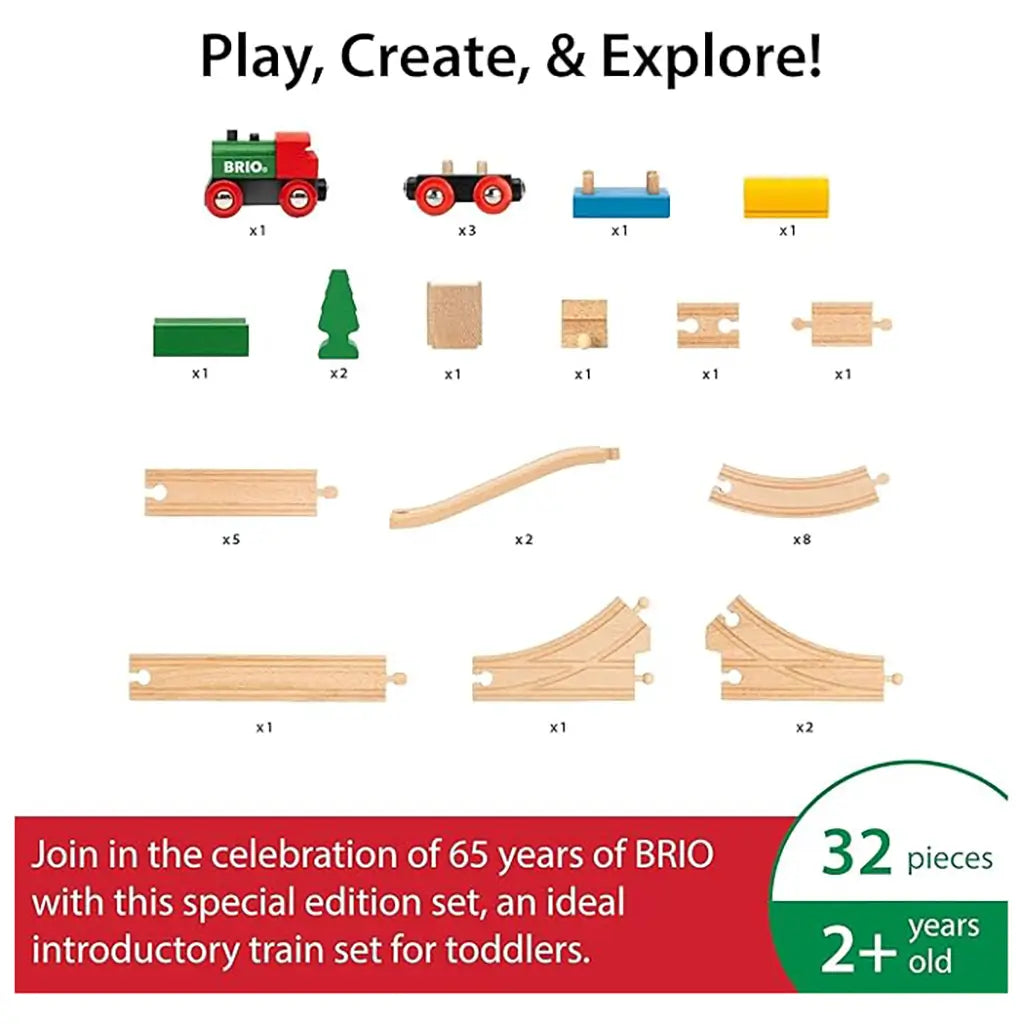 BRIO 65th Anniversary Train Set contents with 32 wooden pieces including locomotive, wagons, cargo, track sections, bridge parts, and green tree accessories.